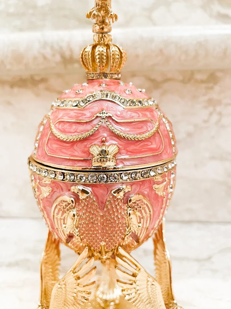 Limited Edition Musical Pink Faberge Egg with Velour Interior and Swarovski Crystal Diamond Handset. Faberge Style Egg, perfect as a birthday gift for her or a graduation gift.