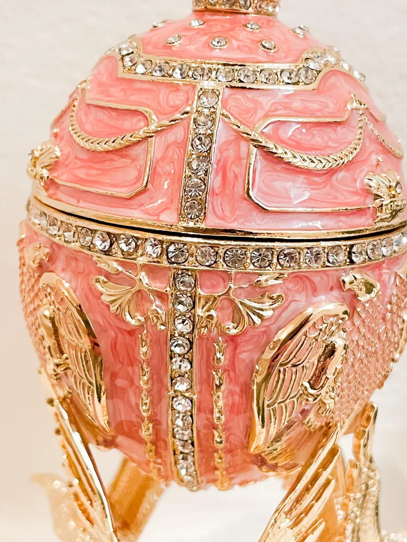 Limited Edition Musical Pink Faberge Egg with Velour Interior and Swarovski Crystal Diamond Handset. Faberge Style Egg, perfect as a birthday gift for her or a graduation gift.