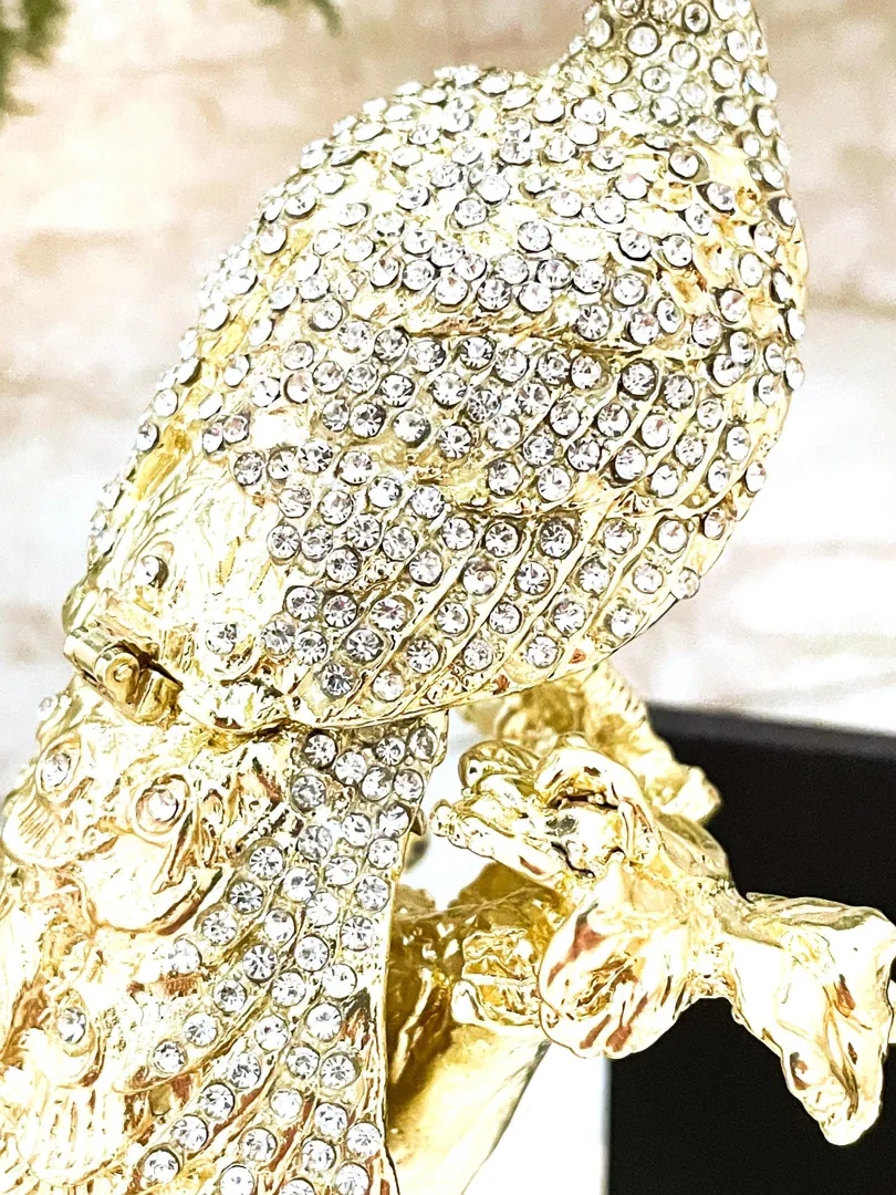 Unique Gold Peacock Gifts Faberge Peacock Jewelry Box Set for Bird Lovers. Made with Austrian Crystal and Diamond, crafted from Pure Gold. Handmade in 2002 by Pierre Lorren.