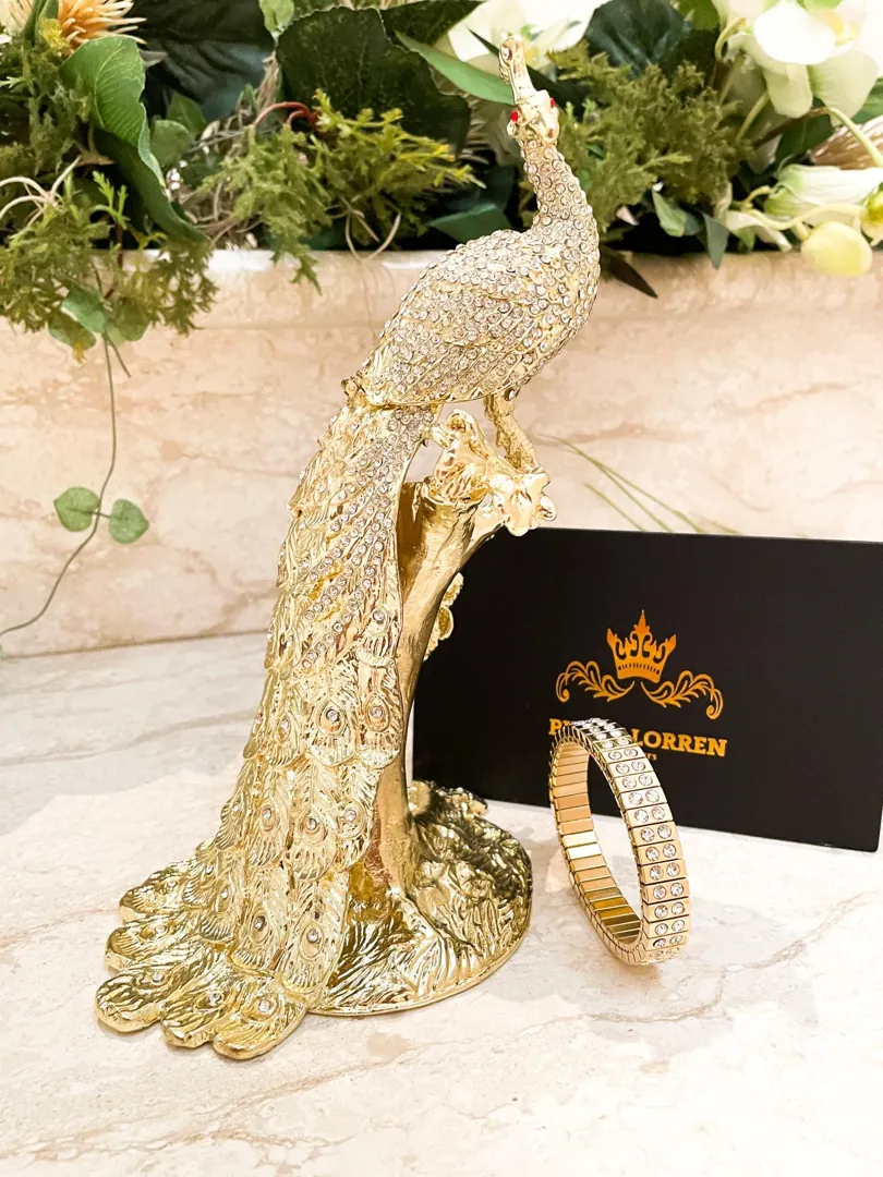 Unique Gold Peacock Gifts Faberge Peacock Jewelry Box Set for Bird Lovers. Made with Austrian Crystal and Diamond, crafted from Pure Gold. Handmade in 2002 by Pierre Lorren.