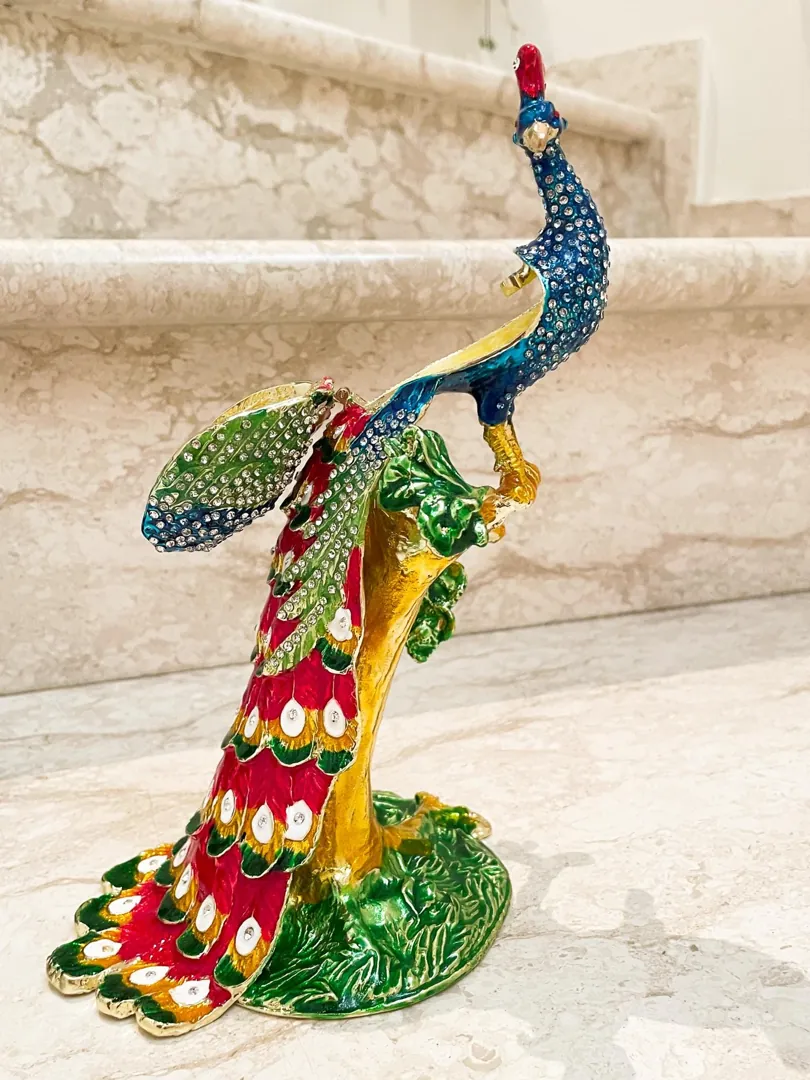 Pierre Lorren Unique Peacock Gifts - Faberge Peacock Trinket Box - Austrian Crystal Diamonds - Pure Gold Decor - Handmade Bird Lover Gift Set