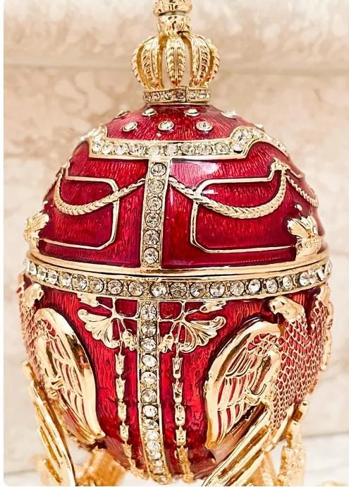 Unique Fabergé Egg Red Fabergé Egg Musical Trinket Valentine Pure Gold Decor Austrian Crystal Diamonds Anniversary Handmade by Pierre Lorren