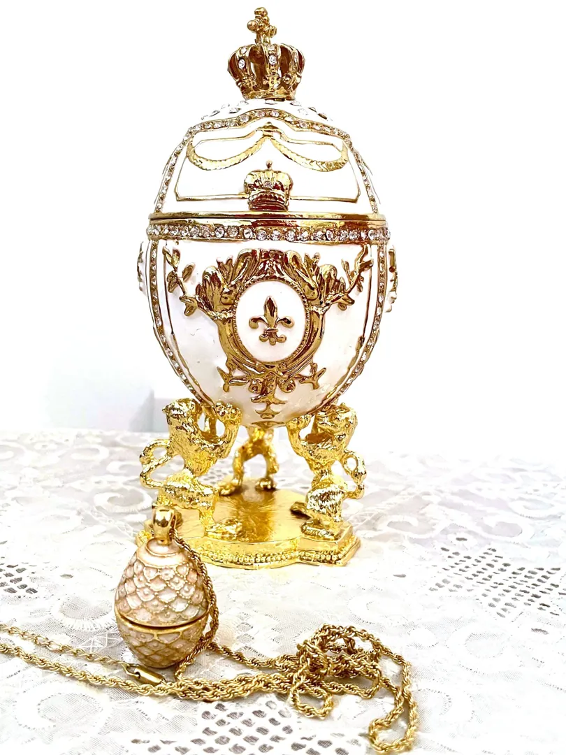 White Faberge egg - Imperial Lion Faberge style egg + Faberge Egg Pendant Necklace - White Gold trinket box - Swarovski Diamond HANDSET 24k