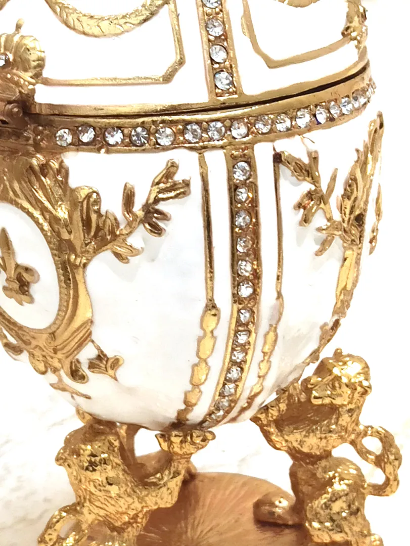 White Faberge egg - Imperial Lion Faberge style egg + Faberge Egg Pendant Necklace - White Gold trinket box - Swarovski Diamond HANDSET 24k