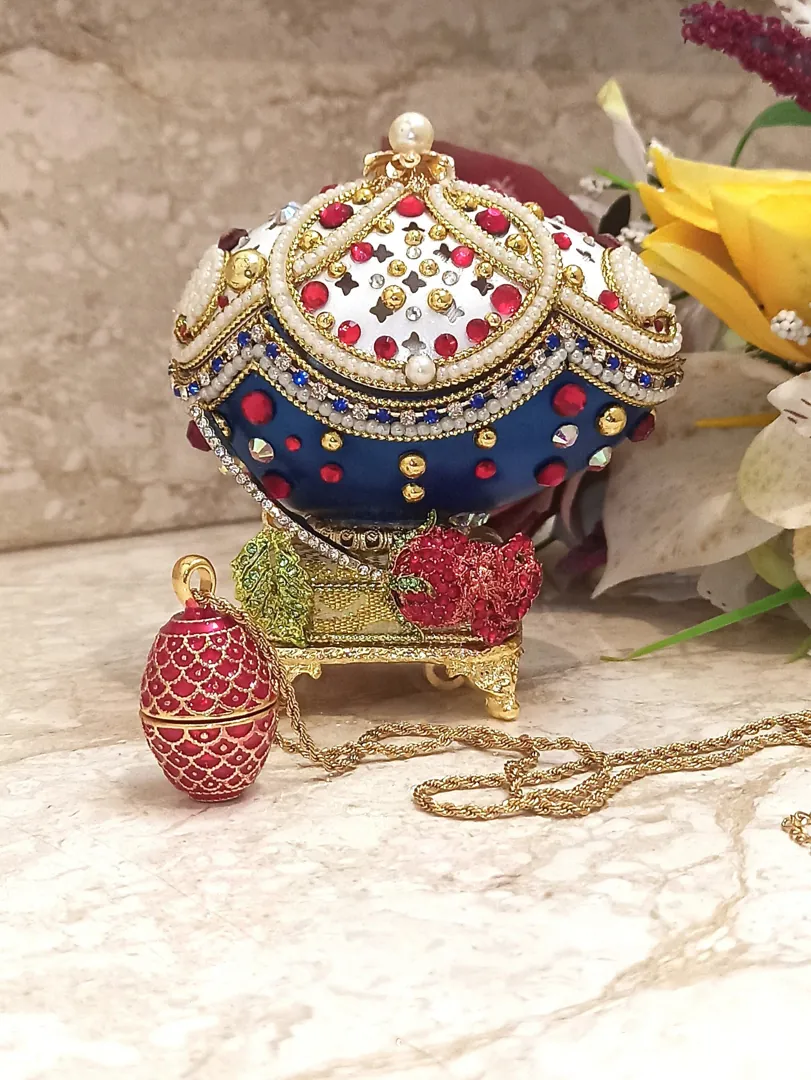 Faberge Egg Ornament & Faberge Egg Pendant Ruby Bracelet Gold Gift for Women - Fabergé Egg Style Unique Music Box Home Decor Gift for Her Birthday.