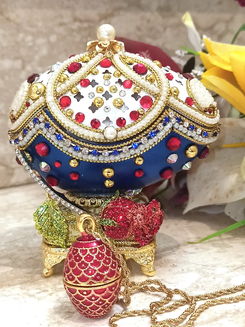 Faberge Egg Ornament & Faberge Egg Pendant Ruby Bracelet Gold Gift for Women - Fabergé Egg Style Unique Music Box Home Decor Gift for Her Birthday.