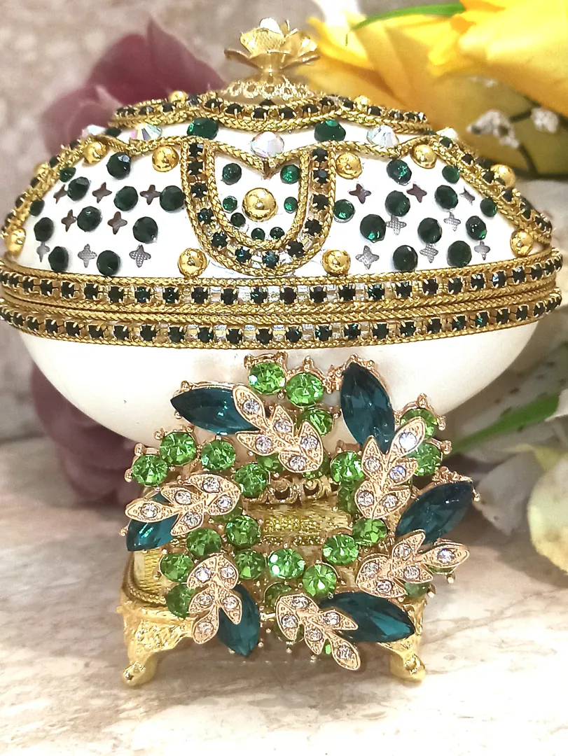 Faberge egg, Faberge egg pendant, emerald gold bracelet, unique wedding gift ideas, unique art, home decor ornament, Faberge egg style jewelry.