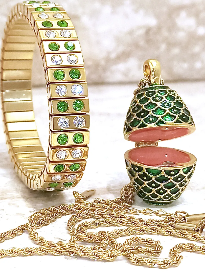 Faberge egg, Faberge egg pendant, emerald gold bracelet, unique wedding gift ideas, unique art, home decor ornament, Faberge egg style jewelry.