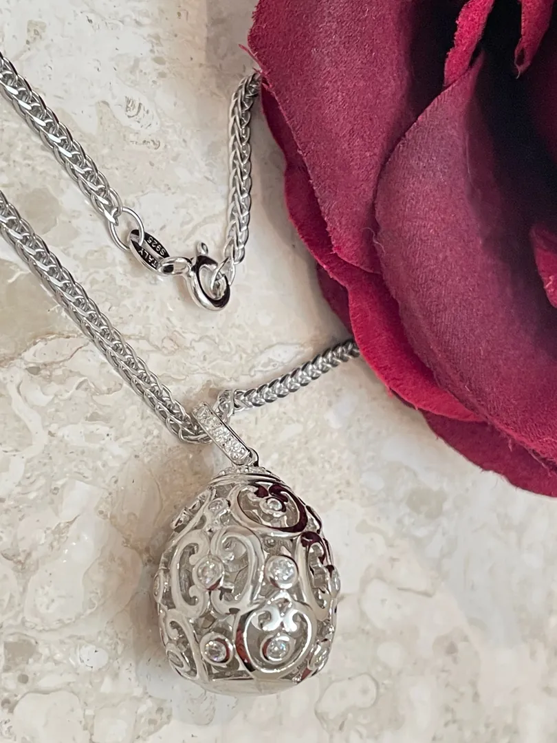Pierre Lorren Diamond Faberge Egg Pendant Silver Necklace 18k White Gold Faberge Style Egg 1.18
