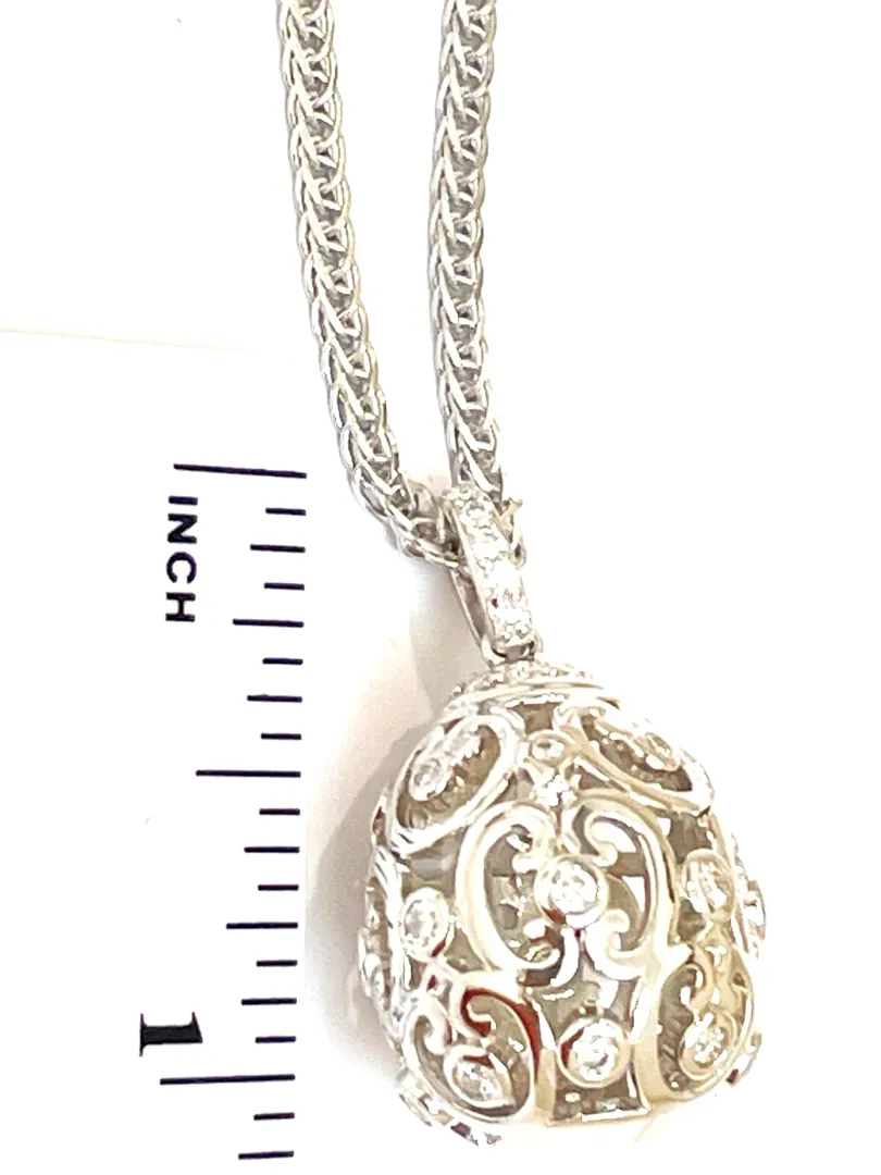 Pierre Lorren Diamond Faberge Egg Pendant Silver Necklace 18k White Gold Faberge Style Egg 1.18