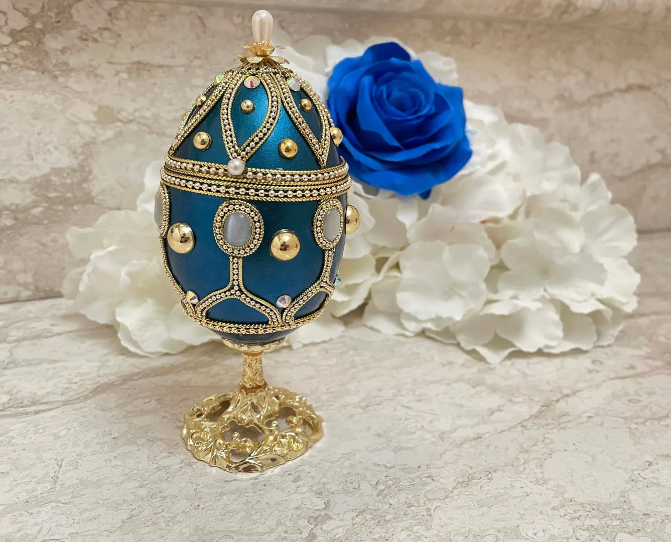One of a Kind Blue Gifts, Faberge Egg VINTAGE, Fabergé Egg style, HANDCARVED Natural Egg, Faberge Ornament Decorative Faberge Egg Music Box.
