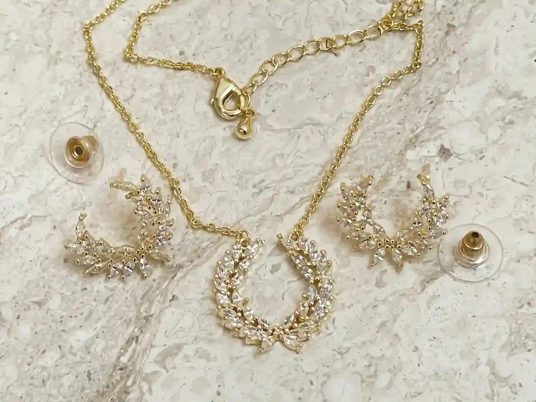 Ancient Greek Olive Wreath Necklace Earrings Set Swarovski Marquise Handset Sterling Silver Yellow Gold Jewelry Handmade Wisdom Necklace 4ct 