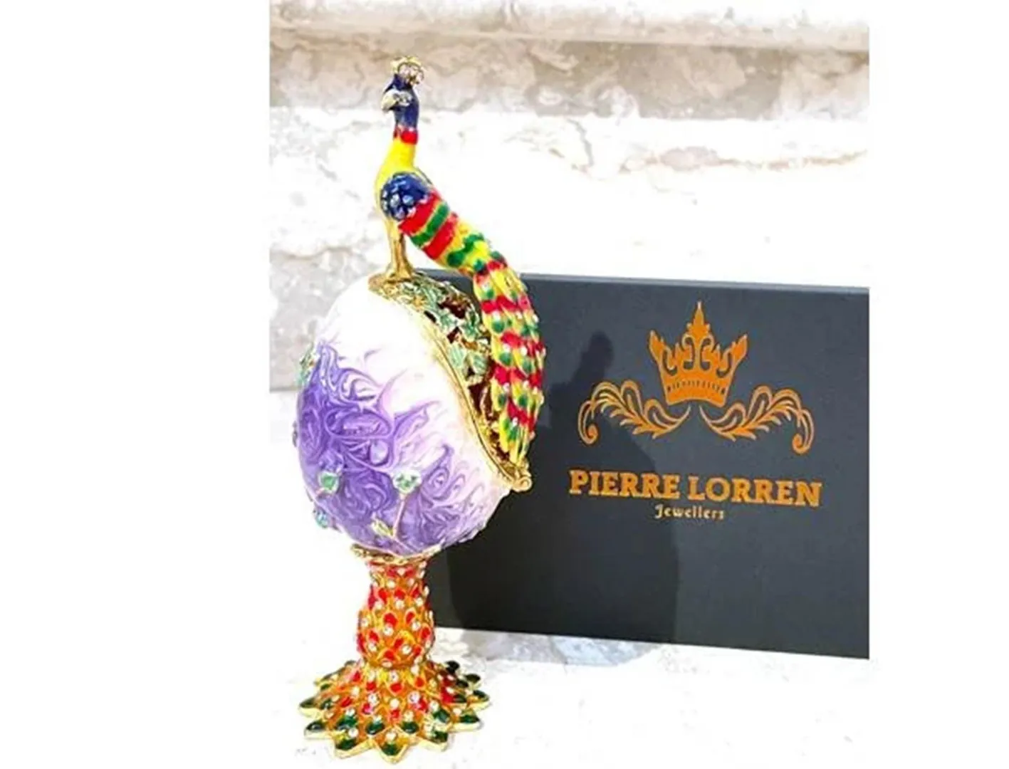 Designer Faberge Style Egg Wedding Gift for Couple NEW BEGINNINGS Trinket Peacock Swarovski GOLD Decor Handmade New Home Owner Pierre Lorren
