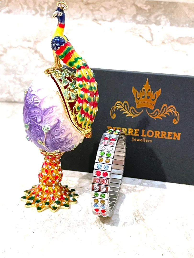 Designer Faberge Style Egg Wedding Gift for Couple NEW BEGINNINGS Trinket Peacock Swarovski GOLD Decor Handmade New Home Owner Pierre Lorren