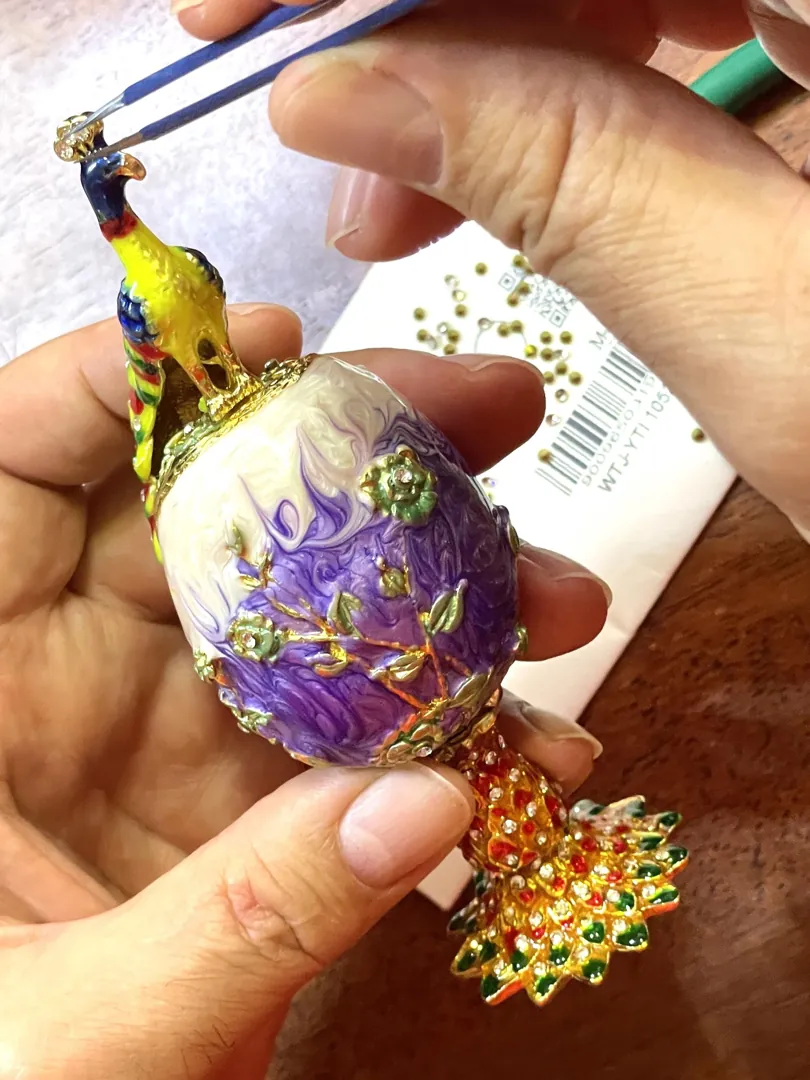Designer Faberge Style Egg Wedding Gift for Couple NEW BEGINNINGS Trinket Peacock Swarovski GOLD Decor Handmade New Home Owner Pierre Lorren