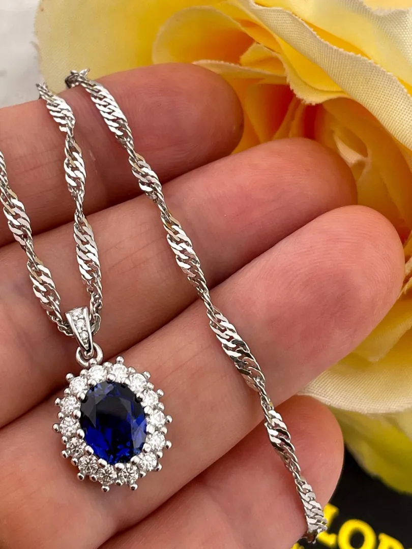 2ct Natural Sapphire Diamond Jewelry Lady Diana Sapphire Necklace 18k White Gold Silver Sapphire Birthstone Jewelry Birthday Gift for Sister