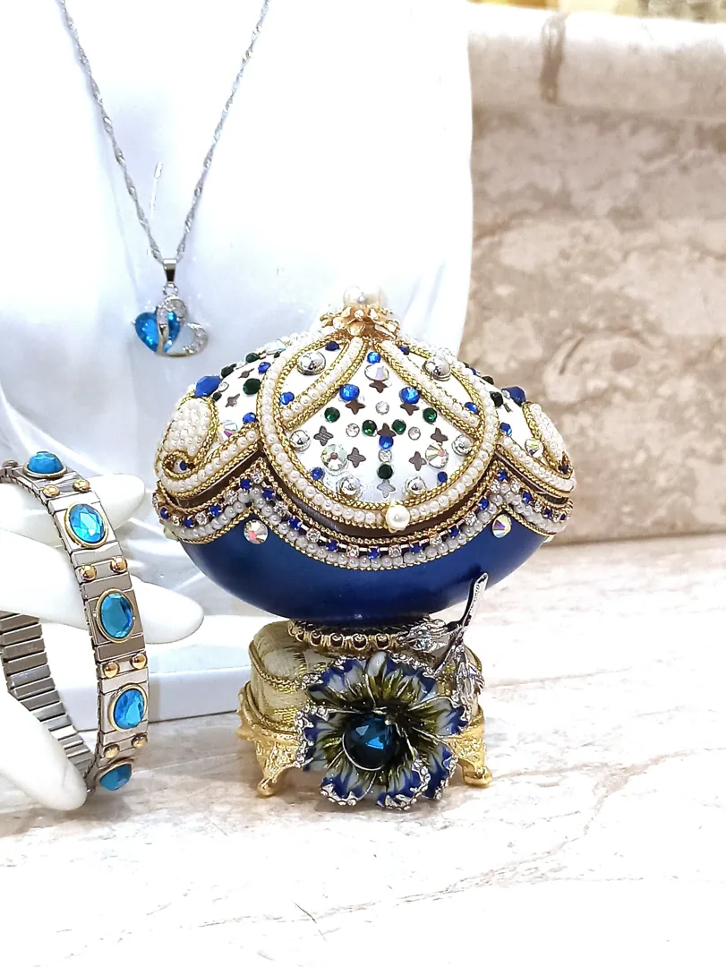 One Of a Kind - Faberge Egg - 24k Gold - Faberge Egg Music Box - Sterling Silver Jewelry - Blue Necklace - Silver, Topaz Bracelet - Faberge Style