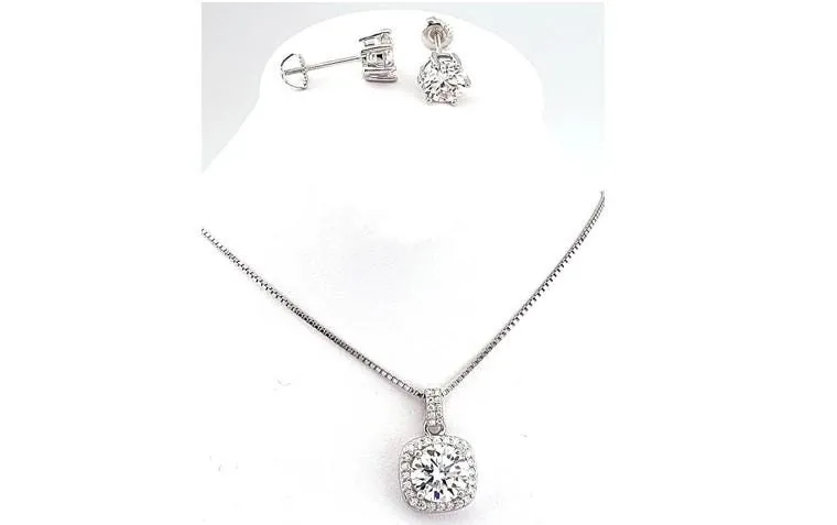 2.25ct Certified Square Diamond Necklace Pendant, 2 Carat Diamond Stud Earrings, Diamond Bridal Set, Silver, 18k Gold Diamond Jewelry.