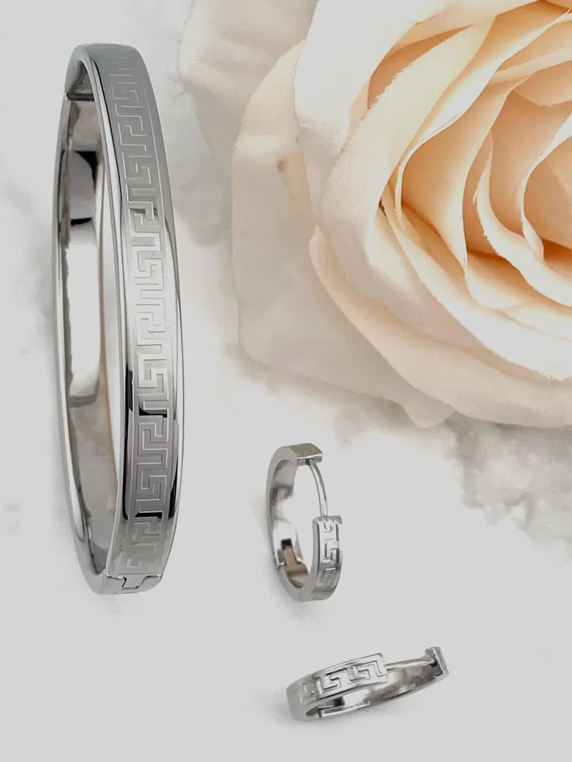 Handmade Meander Jewelry - Greek Key Bracelet PLUS Greek Key Earrings SET Silver White Gold Over Eternity Love Happiness Success Jewelry
