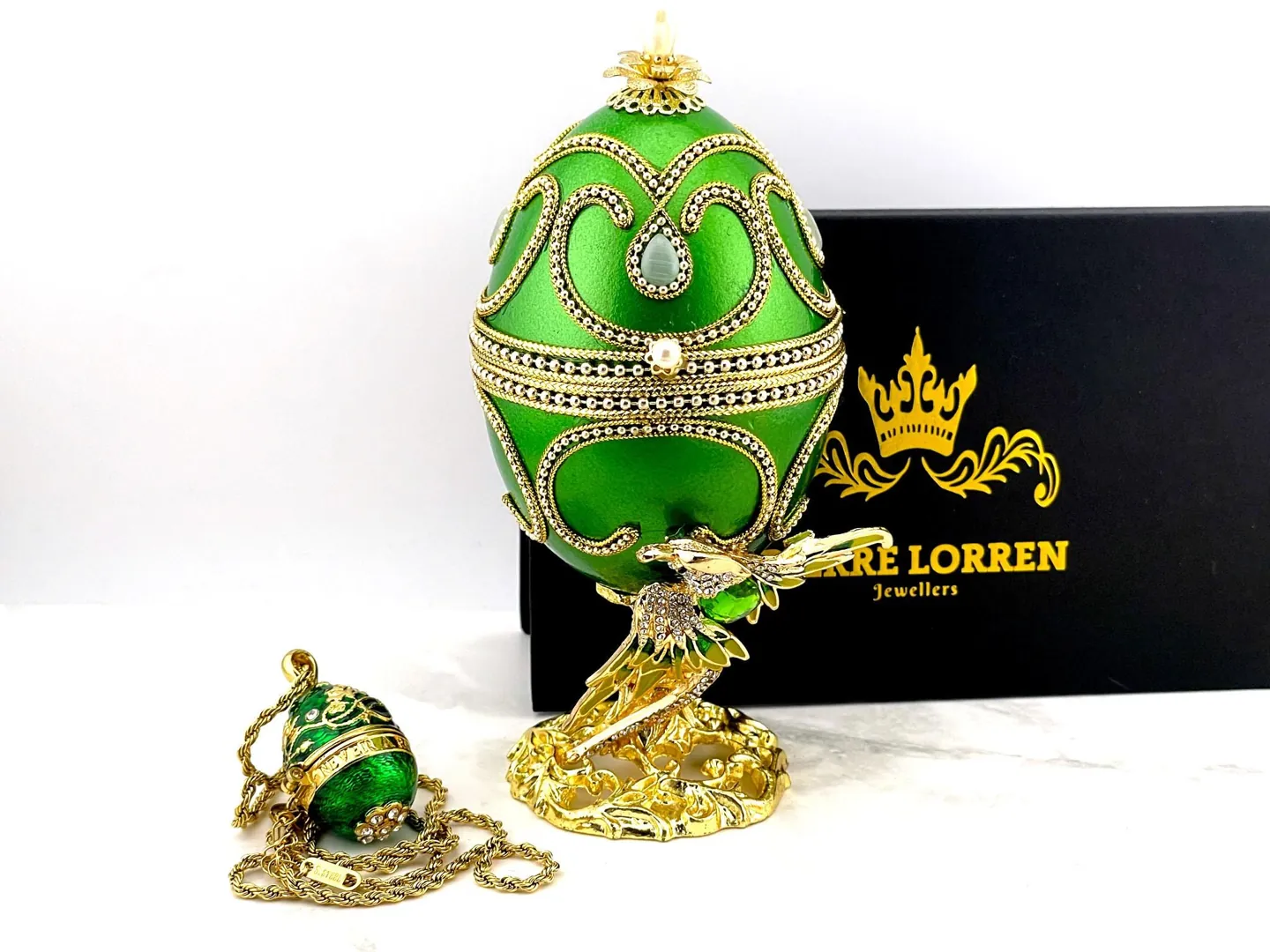 1980 Fabergé Egg Emerald Green Bird NATURAL Fabergé Egg Pure GOLD Decor 55th Wedding Anniversary Gift for Parents 55th Birthday Gift for Her