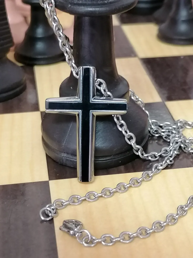 Cross necklace pendant for men, onyx cross chain necklace gift for him, surgical stainless steel Christian cross for Godson, handmade jewelry.