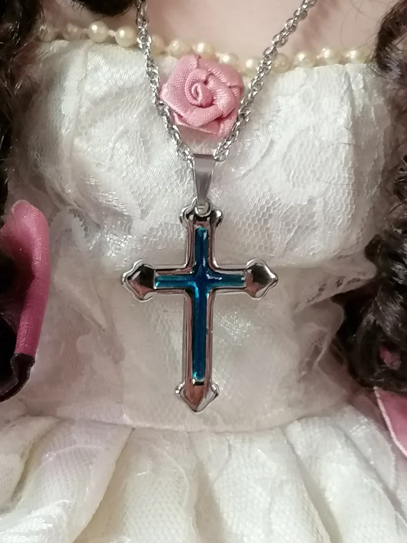 Something Blue Cross Pendant Necklace/Religious Jewelry SILVER Christian Cross LONG Necklace gift for women HANDMADE / Chain 16