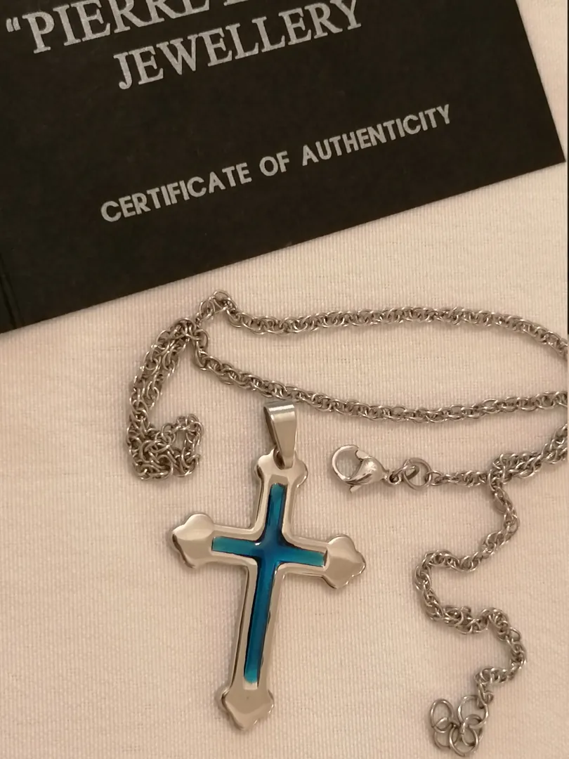 Something Blue Cross Pendant Necklace/Religious Jewelry SILVER Christian Cross LONG Necklace gift for women HANDMADE / Chain 16