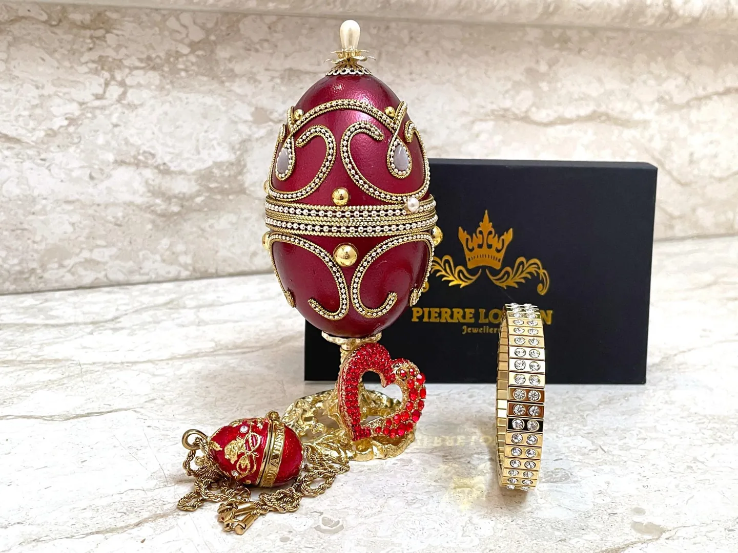 Faberge Egg Valentine's Day Wedding Day gifts, Faberge style Eggs, Faberge Musical Egg, Silk Interior Faberge Jewelry box, and Faberge Necklace.