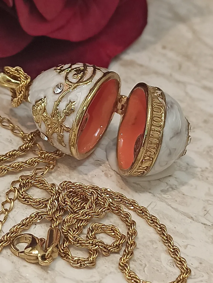 Luxury Faberge Egg Pendant Locket White Faberge Egg Necklace Set 24k Gold Fabergé Jewelry Austrian Crystal Handset + Gold White Bracelet