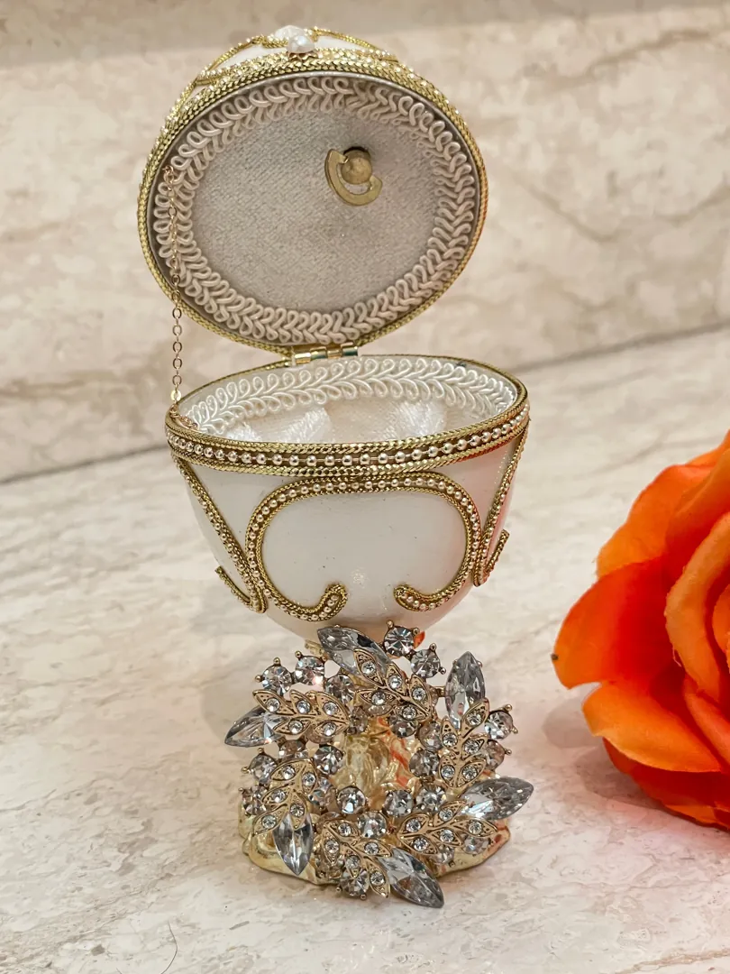 Faberge, Gold Faberge Egg Music Box, and Fabergé Style Egg Pendant, Home Decor, Handmade White Faberge Egg Set, Bridal Shower Gift for Bride.