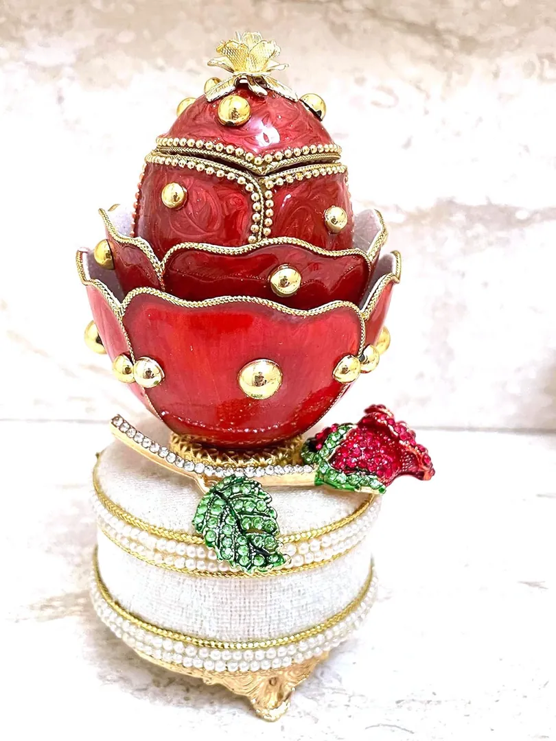 Limited Edition Fabergé Egg 2002 Ruby Rose Fabergé Style Egg Handcarved Fabergé Egg Music Box & Jewelry First Christmas Anniversary New Year